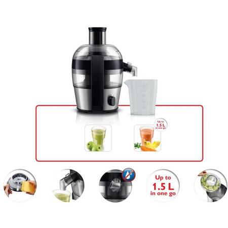 Storcator de fructe Viva Compact HR1836/00, 500 W, recipient suc 0.5 l, recipient pulpa 1 l, 1 viteza, tub de alimentare 55 mm, negru/argintiu