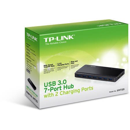Hub USB TP-Link, UH720, 7 porturi USB 3.0, 2 porturi pentru reincarcare, adapter 12 V, negru