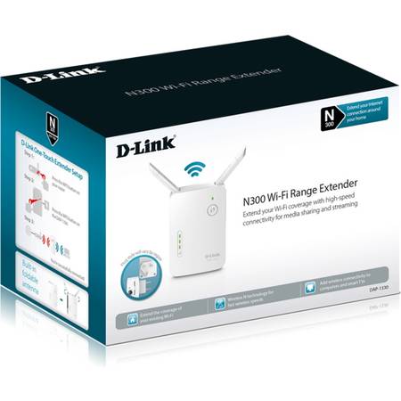 Wireless Range Extender D-Link, N300, 2 antene externe, 2.4GHz, suporta aplicatiile iOS, Android