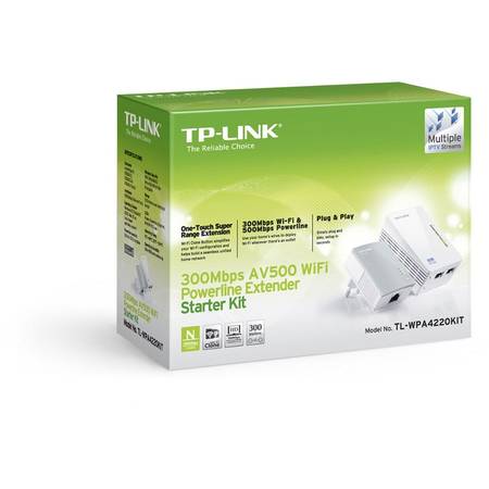 PowerLine TP-Link 300Mbps, Extender Wireless N300, HomePlug AV, 2 porturi 10,100Mbps, WiFi Clone, contine 1 buc TL-WPA4220 si 1 buc TL-PA4010