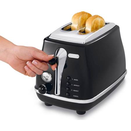 Toaster retro DeLonghi Icona CTO 2003.BK, 2 felii, 900 W, dezghetare, reincalzire, negru