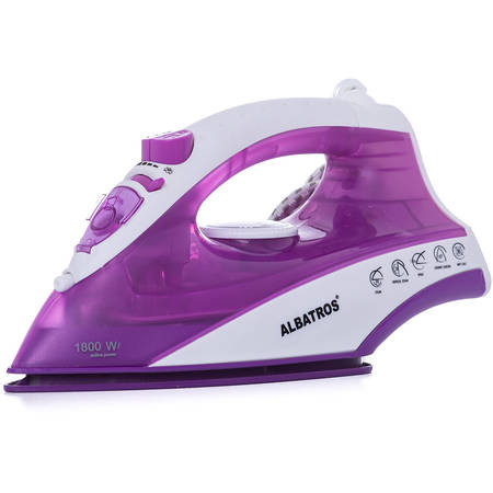 Fier de calcat Albatros Jasmine, 1800 W, Talpă ceramică, Rezervor 0.17 L, Funcţie de auto-curăţare, Funcţie anticalcar, Alb/Violet