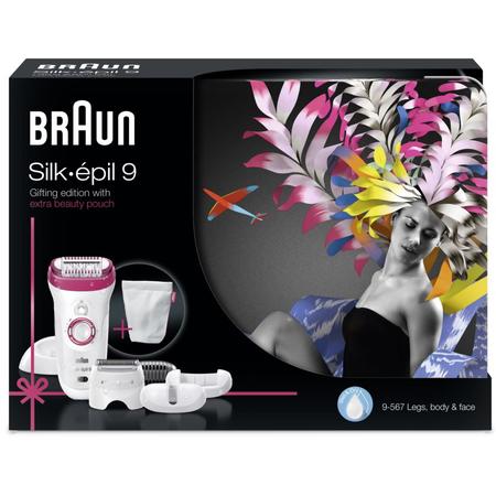 Epilator Braun SE9567 Legs & body & face, Wet&Dry, 40 pensete, 6 accesorii, SmartLight, cutie cadou, alb/roz