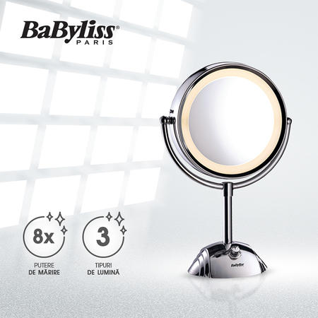 Oglinda cosmetica iluminata 8438E, LED, 20.5 cm, 2 suprafete de oglinda, alb