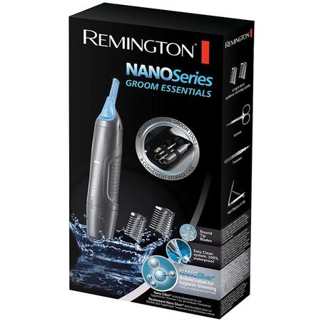 Set cadou Trimmer pentru nas si urechi Remington Nano Series NE3455, Carcasa antibacteriana NanoSilver, Tehnologie ComfortTrim, Trusa pentru manichiura, Negru