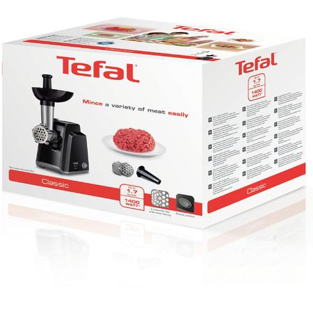 Masina de tocat carne Tefal Classic NE105, 1400 W, 1.7 kg/min, functie Reverse, 2 site de tocat, cutit cu functie de maruntire, accesoriu pentru carnati, negru