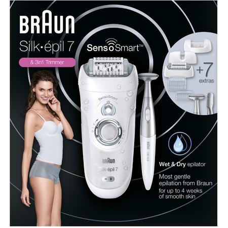 Epilator Braun SE7890, SensoSmart, trimmer, 7 accesorii, 40 pensete, Wet & Dry, alb/mov
