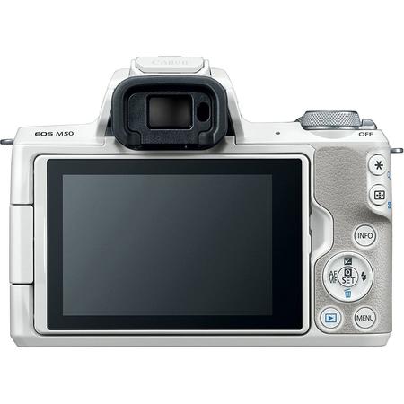Aparat foto Mirrorless Canon EOS M50, 25.8 MP, 4K, Wi-Fi, Alb + Obiectiv EF-M 15- 45mm f/3.5-6.3 IS STM + Obiectiv EF-M 22mm f/2.0 STM