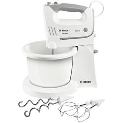 Mixer cu bol Bosch Ergomixx MFQ36490, 450 W, 5 trepte de viteza+turbo, 2 spirale, 2 teluri, Minitocator, Vas gradat, Picior blender Alb/Gri