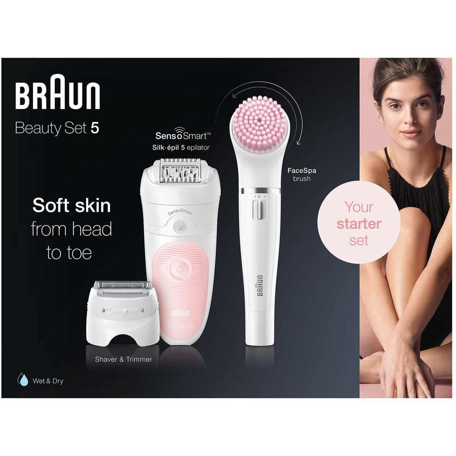 Epilator Braun Silk-epil Beauty Set 5 5895 Starter Kit 5-in-1, Tehnologie SensoSmart, Cap de ras, Set pentru curatare fata si corp, Alb/Roz