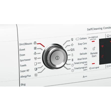 Uscator de rufe Bosch Serie 8 WTW855H0BY, 9 kg, condensare si pompa de caldura, Allergy Plus, HomeConnect, touch control, SelfCleaning, clasa A++, alb