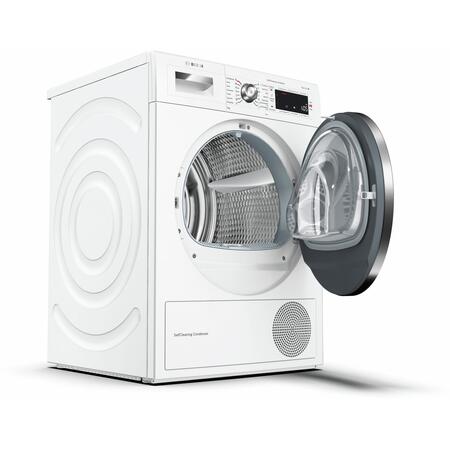 Uscator de rufe Bosch Serie 8 WTW855H0BY, 9 kg, condensare si pompa de caldura, Allergy Plus, HomeConnect, touch control, SelfCleaning, clasa A++, alb
