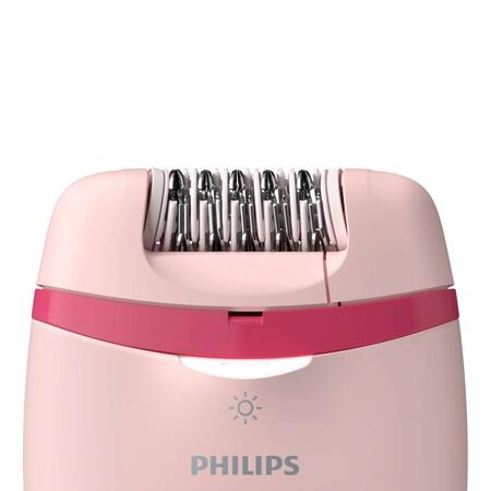 Epilator Philips Satinelle BRE285/00, 2 viteze, Opti-light, cap de epilare lavabil, 7 accesorii, Roz