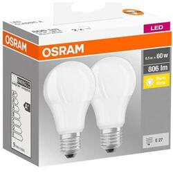 OSRAM Set 2 becuri Led E27 BASE CLASSIC A, 8.5W(60W), 806 lumeni, lumina calda (2700K)