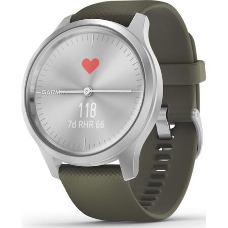 Ceas Smartwatch Garmin Vivomove Style, Silver/Moss Green, Silicone Band