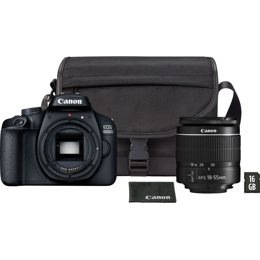 Aparat foto DSLR Canon EOS 4000D,18.0 MP, Negru + Obiectiv EF-S 18-55mm F/3.5-5.6 III Negru + Geanta + Card de memorie 16 GB