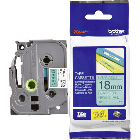 Banda de etichete Brother TZE741, 18MM, negru pe verde