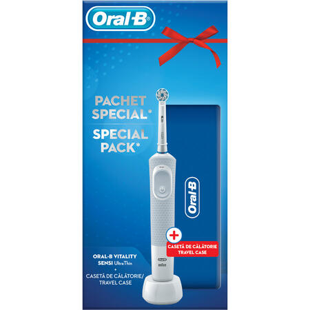 Set Periuta de dinti electrica adulti + Travel Case Oral B Vitality D100 Sensi Ultra Thin, 1 capat, Alb