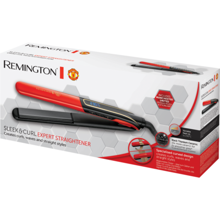 Placa de par Remington S6755 Sleek & Curl Manchester United Edition, 230 grade, Black Titanium Ceramic, Timp incalzire 15 sec, Functie Boost, Rosu/ Negru