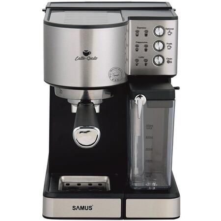 Espressor semi-automat Samus Latte Gusto, 20 bari, 1.8 L, Rezervor lapte 0.5 L, Functie Capuccino, Functie Latte, Funcție de curățare, Duză abur pentru cappuccino, Compatibil PAD-uri ESE, Gri/Inox