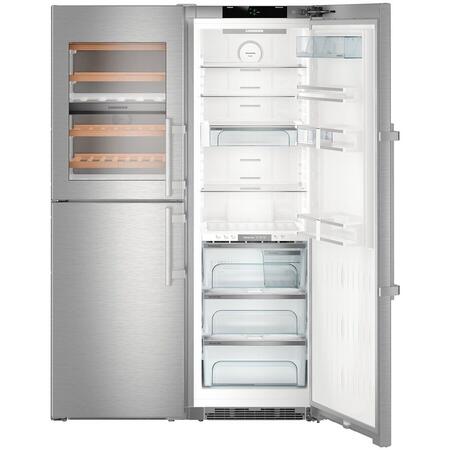 Side by side Liebherr SBSes 8496, 645 L, No Frost, BioFresh, Display electronic, SuperCool, Functie vacanta, Compartiment vinuri, IceMaker, H 185 cm, Clasa D, Inox