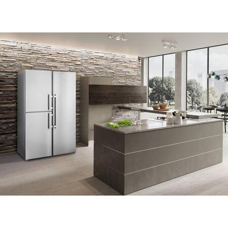 Side by side Liebherr SBSes 8483, 688 L, No Frost, BioFresh, Display electronic, SuperCool, Functie vacanta, IceMaker, Raft sticle, H 185 cm, Clasa D, Inox