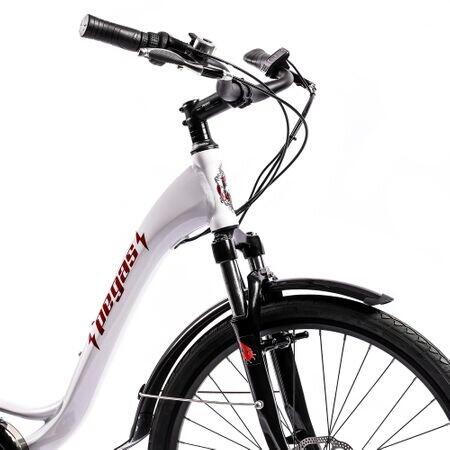 Bicicleta electrica Pegas Comoda Dinamic, aluminiu, motor Bafang 250W, roti 26", viteza maxima 20 km/H, 7 viteze, Alb
