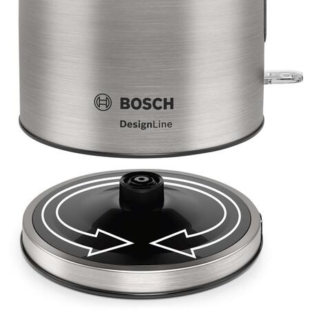 Fierbător de apă Bosch TWK5P480, 2400 W, 1,7 L, Cană termoizolanta, Filtru anti-calcar detasabil, Baza rotativa 360 grade, Oprire automata, Inox