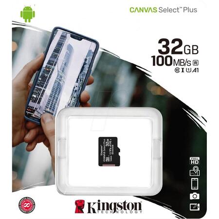 Card memorie Kingston Micro SDHC Canvas Select Plus 100R, 32GB, Clasa 10, UHS-I