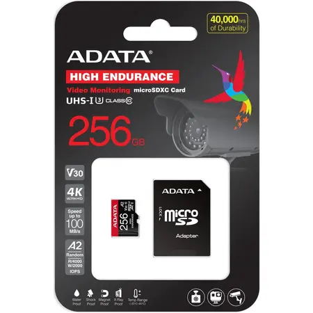 Card de memorie ADATA Endurance, MicroSDXC, 256GB, UHS-I V30, 100MB/s, Class 10 + Adaptor
