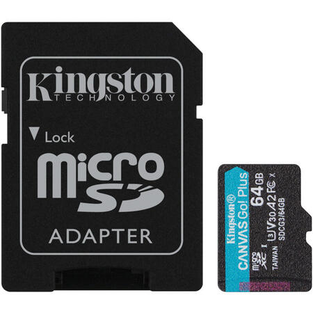 Card memorie Kingston Micro SDXC Canvas GO Plus, 64GB, Clasa 10, UHS-I + Adaptor