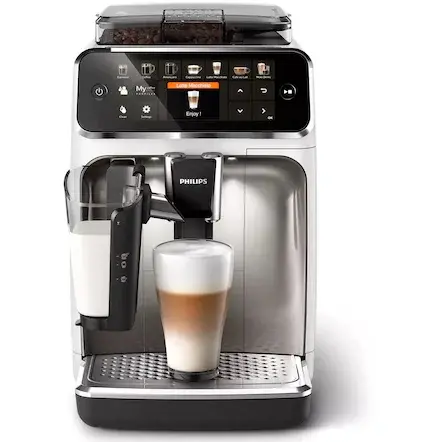 Espressor automat Philips Seria 5400 EP5443/90, sistem de lapte LatteGo, 12 bauturi, display digital TFT si pictograme color, filtru AquaClean, rasnita ceramica, optiune cafea macinata, functie MEMO 4 profiluri, Alb