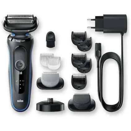 Aparat de ras electric Braun Series 5 50-B4650cs Wet&Dry, EasyClean, 3 elemente de taiere, accesorii pentru barba si ingrijire corporala, Statie de incarcare, Negru/Albastru