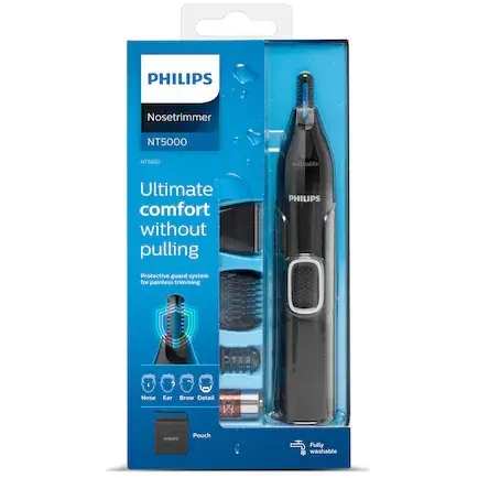Trimmer pentru nas/urechi Philips NT5650/16, baterie, lavabil, utilizare umed si suscat, tehnologie Precision Trim, otel inoxidabil, pieptene pentru sprancene, 2 piepteni 3-5 mm, Negru