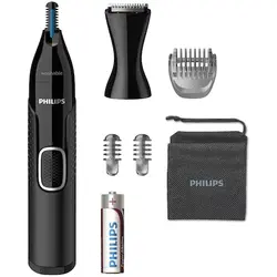 Trimmer pentru nas/urechi Philips NT5650/16, baterie, lavabil, utilizare umed si suscat, tehnologie Precision Trim, otel inoxidabil, pieptene pentru sprancene, 2 piepteni 3-5 mm, Negru