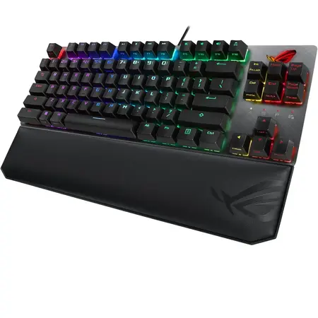 Tastatura gaming mecanica ASUS ROG Strix Scope TKL Deluxe, RGB, switch-uri Cherry MX Red, cadru din aluminiu, suport ergonomic detasabil, iluminare Aura Sync, Negru