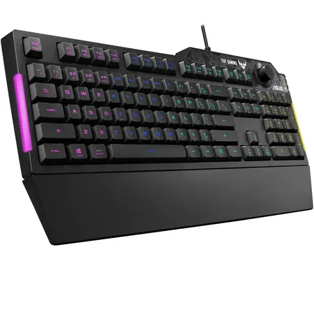 Tastatura gaming ASUS TUF K1, iluminare RGB 5 zone, suport ergonomic detasabil, rezistenta lichide, Negru
