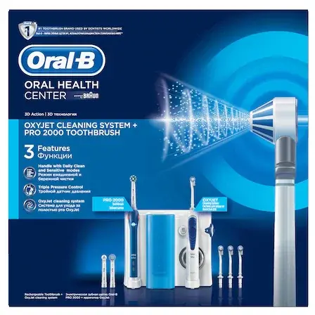 Set Irigator Bucal Oral B, 5 trepte de intensitate, 4 capete, 600 ml, Alb + Periuta de dinti electrica Oral-B PRO 2 2000 Cross Action, curatare 3D, senzor presiune, Alb/Albastru