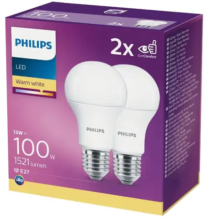 Pachet 2 becuri LED Philips, E27, 13W (100W), 1521 lm, lumina alba calda (2700K)