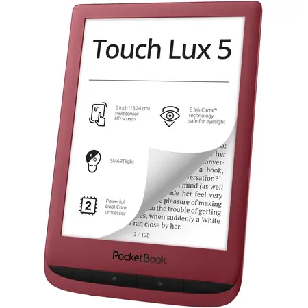eBook Reader PocketBook Touch Lux 5, 6", 8GB+slot microSD, SMARTlight, Rosu rubiniu