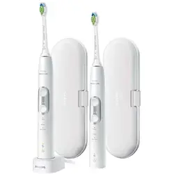 Set 2 Periute de dinti electrice Philips Sonicare ProtectiveClean HX6877/34, 2 manere, 3 moduri, 2 functii BrushSyn, 2 capete de periere, Numar de miscari/minut 62000, senzor de presiune integrat, Alb/Argintiu