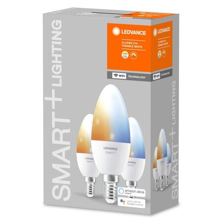 Set 3 becuri Led Ledvance SMART+ WiFi Candle Tunable White, E14, B40, 5W (40W), 230V, temperatura lumina reglabila 2700-6500K, 470 lumeni