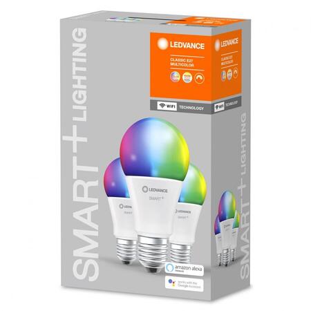Set 3 becuri Led Ledvance SMART+ WiFi Classic Multicolour, E27, A60, 9.5W (75W), 230V, temperatura lumina reglabila 2700-6500K, 1055 lumeni