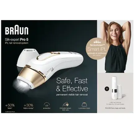 Epilator IPL Braun Silk-expert PRO 5 PL5129 + Mini aparat pentru indepartarea parului facial, SensoAdapt™, 400.000 impulsuri, 10 niveluri de intensitate, corp si fata, cap de precizie, aparat de ras Venus, Trusa de calatorie, Alb/Auriu