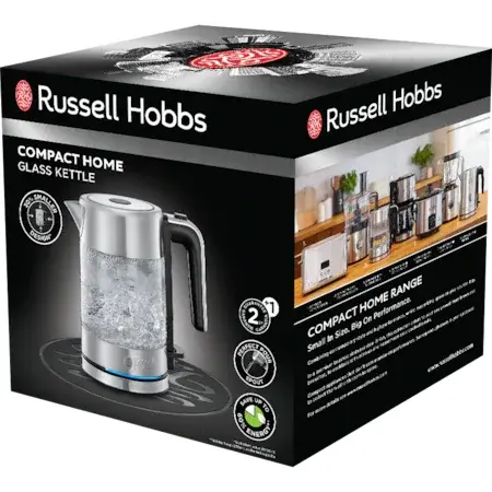Fierbator Russell Hobbs Compact Home Glass 24191-70, 2200 W, 0.8 L, Sticla, Design compact, Inox