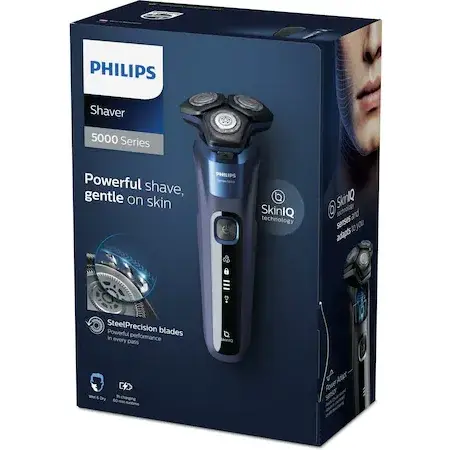 Aparat de ras Philips Shaver Seria 5000 S5585/30, barbierit umed şi uscat, fara fir, tehnologie SkinIQ, barbierit personalizat prin conectare la aplicatie, conectivitate Bluetooth, capete flexibile 360°, 60 min, toc de transport, Albastru
