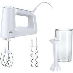 Mixer de mana Braun HM3105WH, 500 W, 5 viteze + Turbo, Pahar gradat 0.6L, Picior pasator plastic, 2 palete, 2 carlige, Alb/Gri