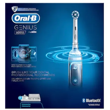 Periuta de dinti electrica Oral-B Genius 8000, 40000 pulsatii/min, 8800 oscilatii/min, Curatare 3D, 5 programe, 3 capete, Bluetooth, Detectarea pozitiei, Trusa de calatorie, Alb