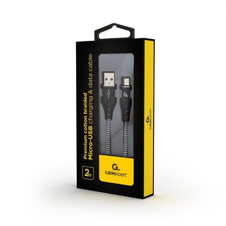 Cablu alimentare si date pt. smartphone, USB 2.0 (T) la Micro-USB 2.0 (T),  2m, premium, cablu cu impletire din bumbac, negru