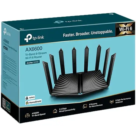 Rouer Wireless Archer AX90, Gigabit, Tri-Band, Wi-Fi 6, 6600 Mbps, 8 Antene Exterene (Negru)
